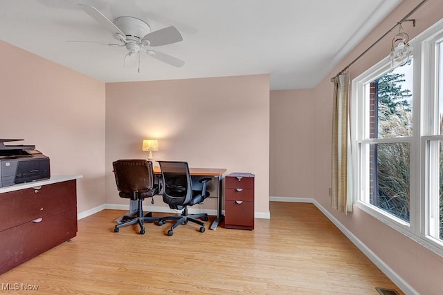 office featuring ceiling fan and light hardwood / wood-style flooring