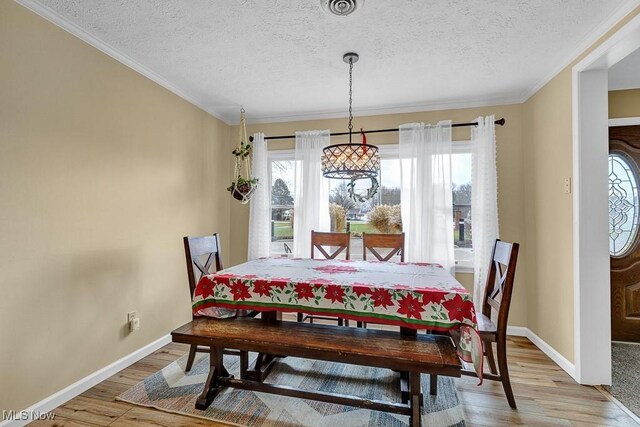 dining room with light hardwood / wood-style floors, ornamental molding, and a textured ceiling