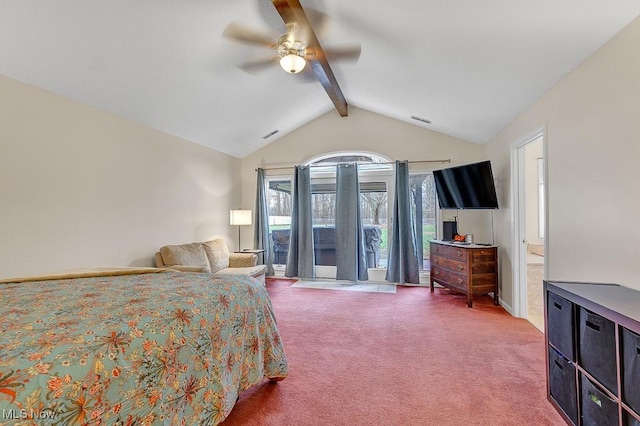 bedroom featuring carpet, vaulted ceiling with beams, and ceiling fan