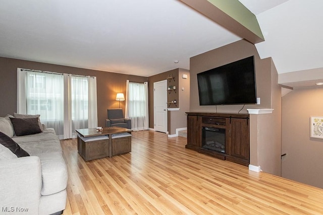 living room with light hardwood / wood-style floors and lofted ceiling