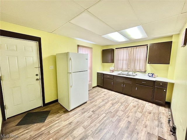 kitchen with dark brown cabinetry, sink, white fridge, and light hardwood / wood-style floors