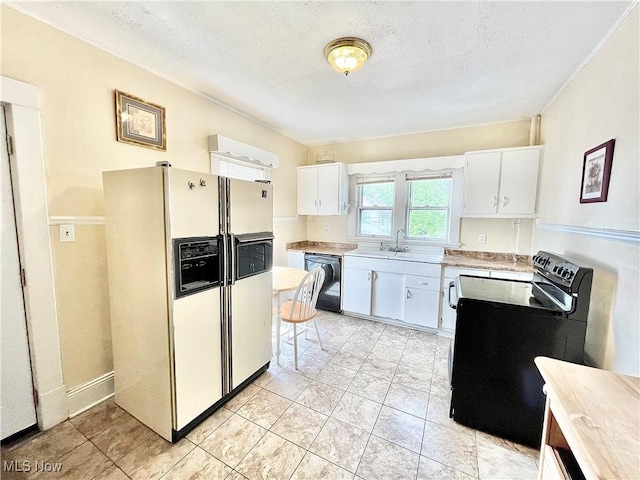 kitchen with white cabinets, a textured ceiling, sink, and black appliances