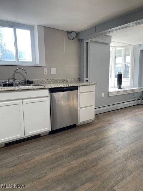 kitchen with a baseboard heating unit, white cabinets, sink, stainless steel dishwasher, and dark hardwood / wood-style flooring