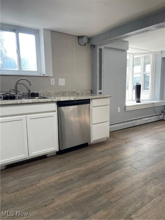 kitchen featuring dishwasher, dark hardwood / wood-style floors, white cabinetry, and baseboard heating