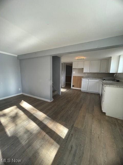 kitchen with white cabinets, dark hardwood / wood-style floors, ornamental molding, and sink