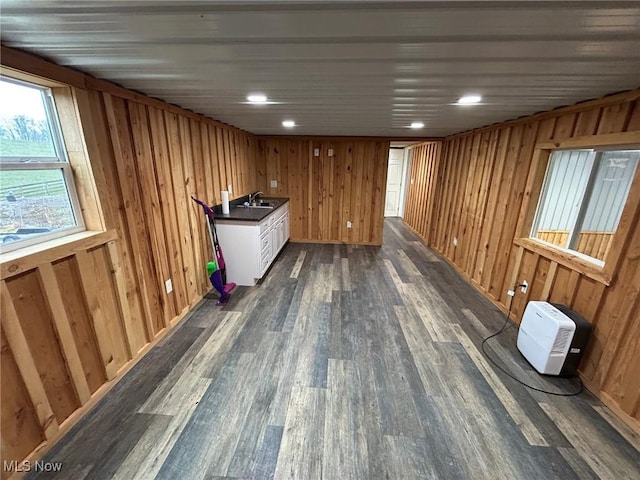 interior space with dark hardwood / wood-style flooring, wooden walls, and sink