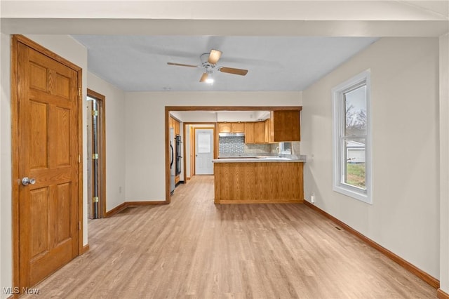 kitchen with ceiling fan, light hardwood / wood-style floors, kitchen peninsula, and backsplash