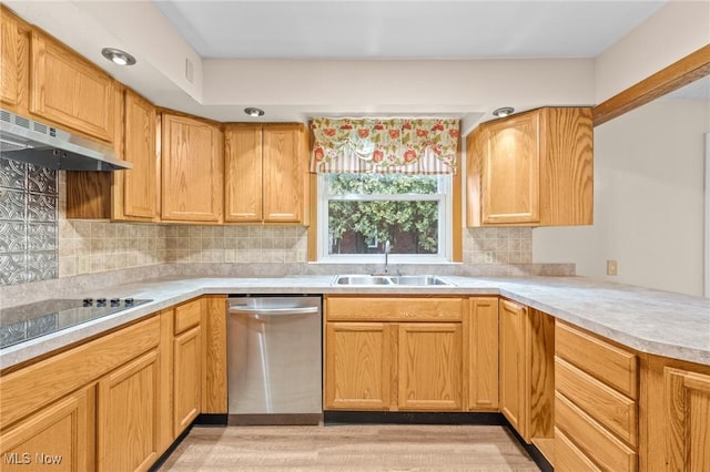 kitchen featuring stainless steel dishwasher, sink, extractor fan, and tasteful backsplash