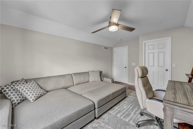 office area featuring ceiling fan and vaulted ceiling