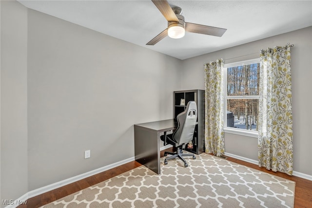 office featuring hardwood / wood-style floors and ceiling fan