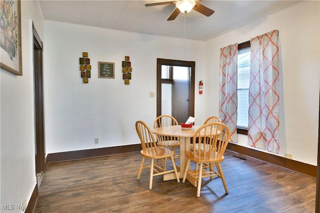 dining room with ceiling fan and dark wood-type flooring