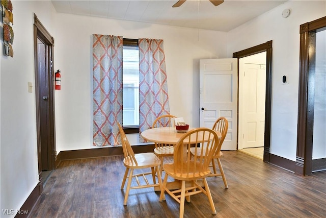 dining space featuring ceiling fan and dark wood-type flooring