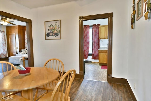 dining space with ceiling fan and dark hardwood / wood-style floors