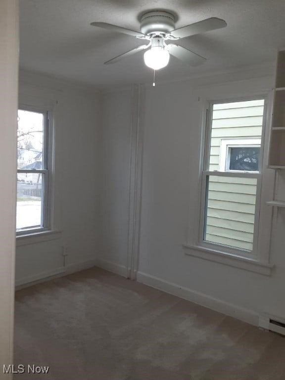 carpeted spare room with ceiling fan