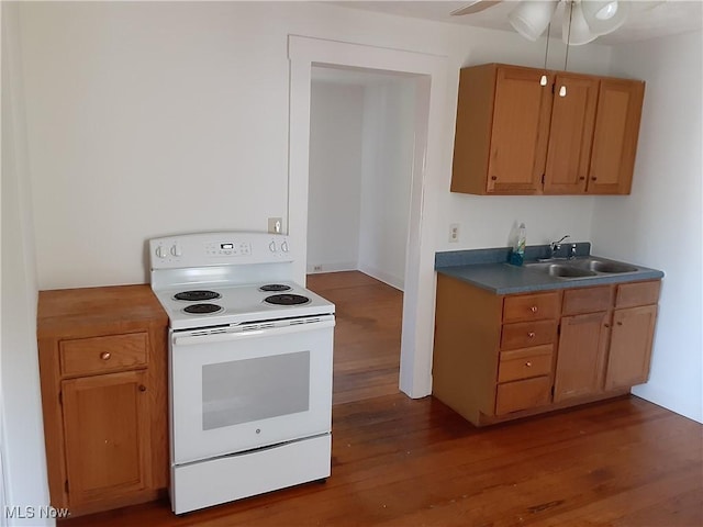 kitchen featuring white electric range oven, dark hardwood / wood-style floors, sink, and ceiling fan