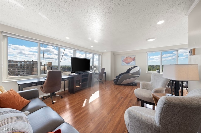 living room featuring hardwood / wood-style floors and a textured ceiling