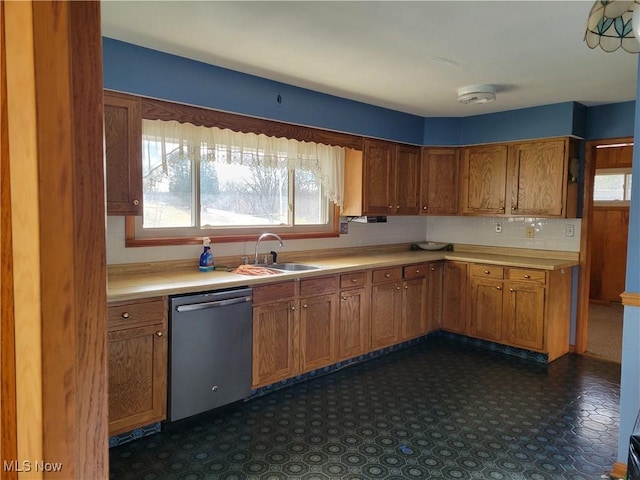 kitchen with stainless steel dishwasher, decorative backsplash, and sink