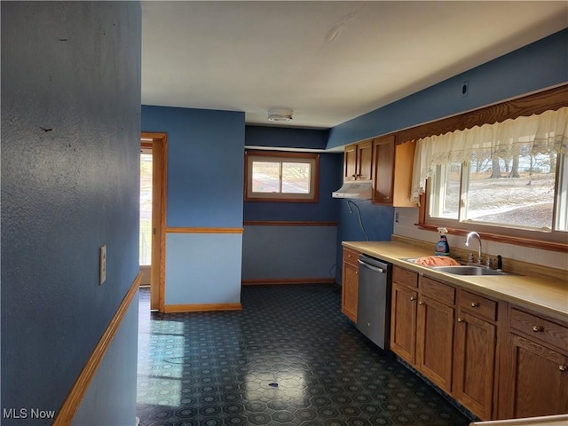 kitchen featuring dishwasher, extractor fan, and sink