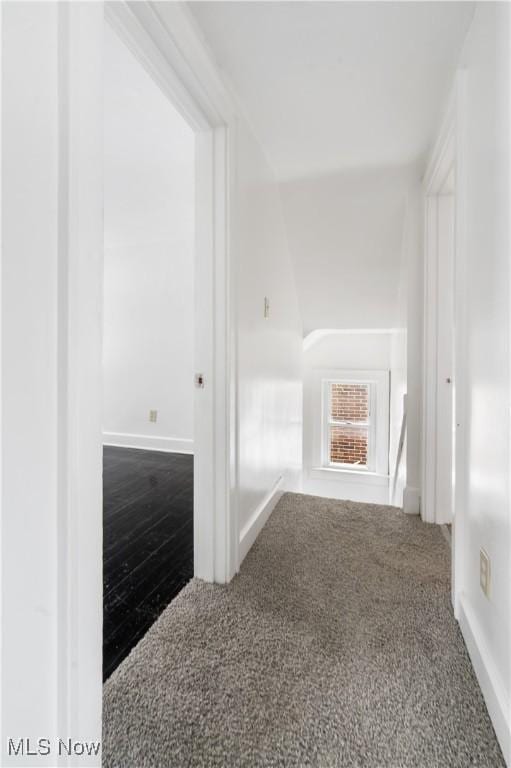 hallway featuring carpet and lofted ceiling