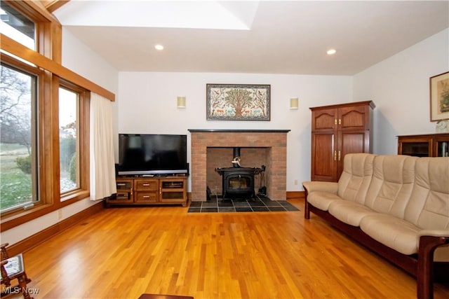 living room with a wood stove and wood-type flooring