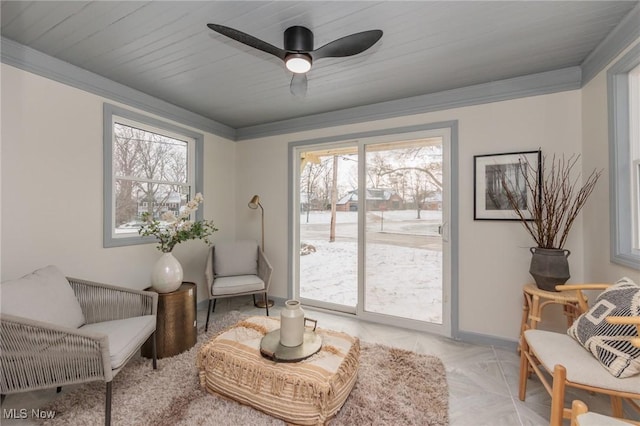 sitting room featuring ceiling fan, wood ceiling, and ornamental molding