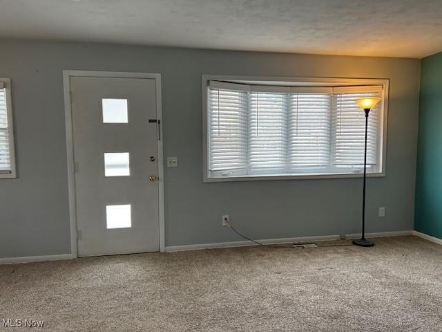 entrance foyer featuring light colored carpet and a healthy amount of sunlight