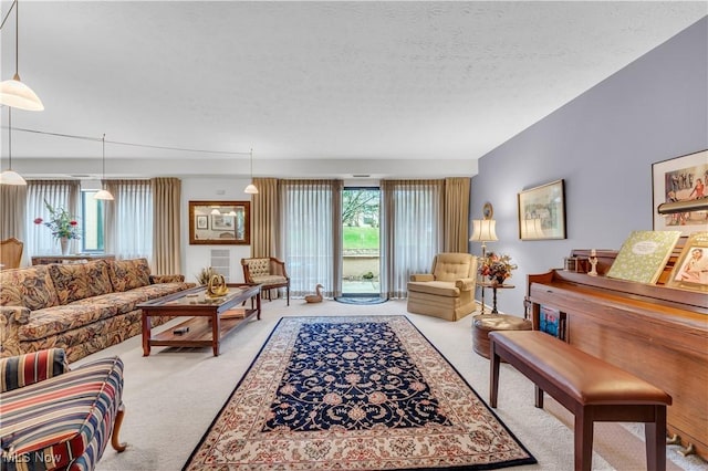 living room featuring carpet flooring and a textured ceiling