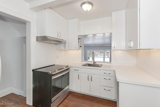 kitchen with white cabinets, stainless steel electric range, and dark wood-type flooring