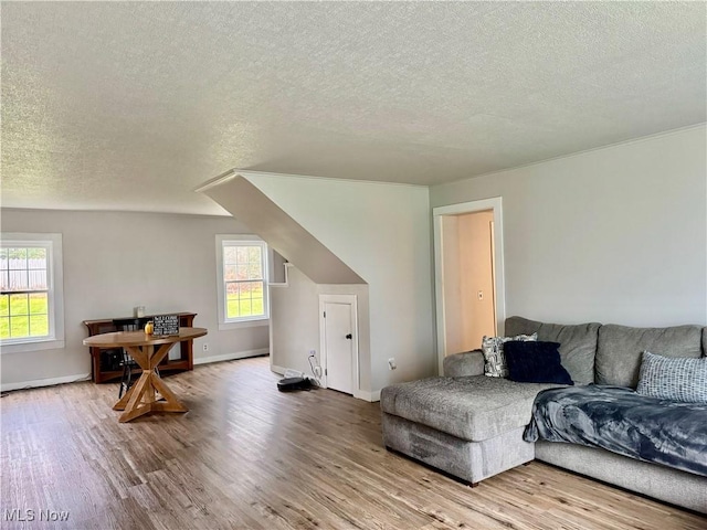 living room featuring hardwood / wood-style flooring and a textured ceiling