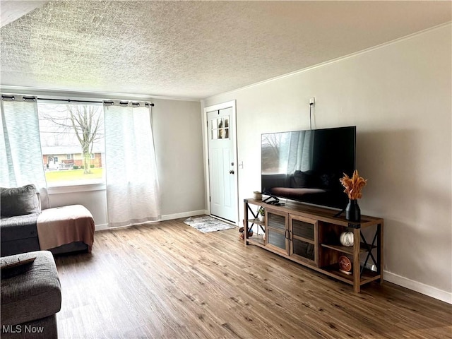 living room with a textured ceiling, hardwood / wood-style flooring, and ornamental molding