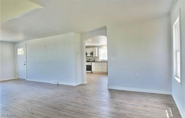 empty room with a wealth of natural light, light hardwood / wood-style floors, and a textured ceiling