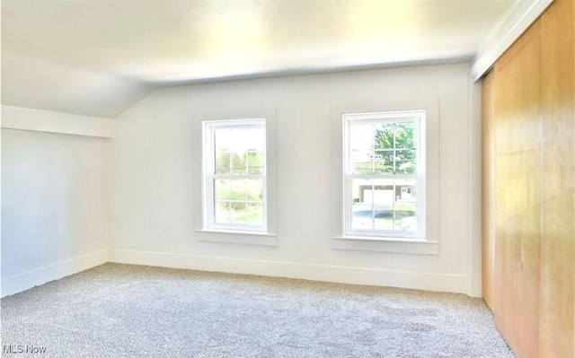 empty room featuring carpet, plenty of natural light, and lofted ceiling