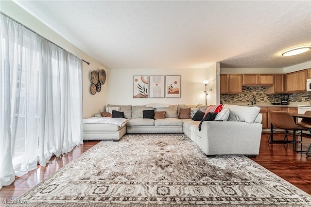 living room featuring dark hardwood / wood-style floors, sink, and a textured ceiling