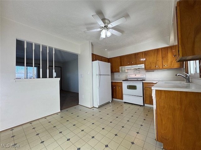 kitchen with ceiling fan, white appliances, plenty of natural light, and sink