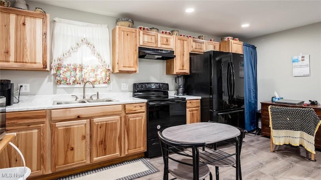 kitchen with sink, light hardwood / wood-style flooring, and black appliances