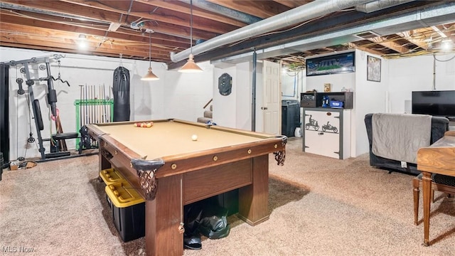 playroom with light carpet and pool table