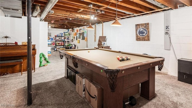 recreation room featuring billiards and carpet flooring