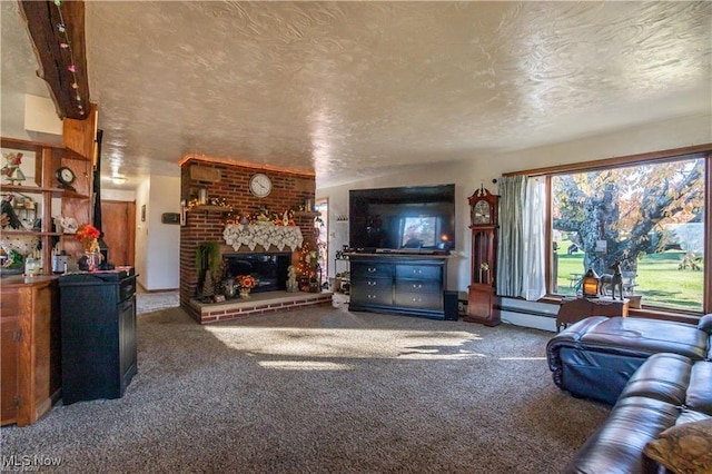 carpeted living room with a textured ceiling, a baseboard radiator, and a brick fireplace