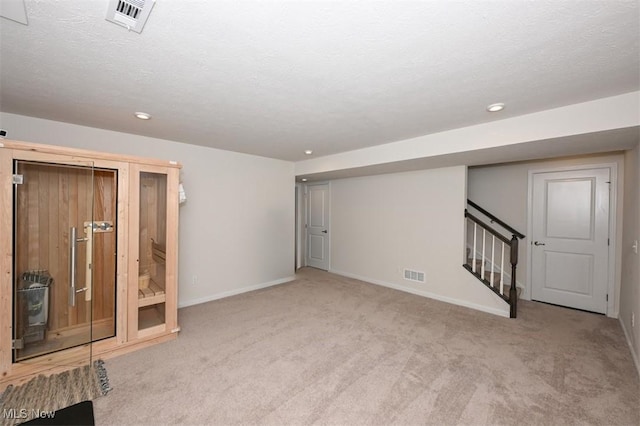 basement featuring light carpet and a textured ceiling