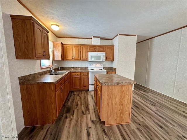 kitchen with dark hardwood / wood-style floors, crown molding, white appliances, and sink