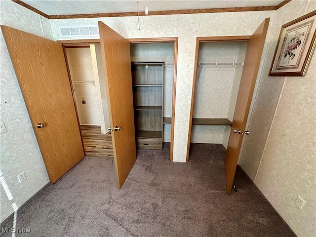 unfurnished bedroom featuring carpet, two closets, and ornamental molding