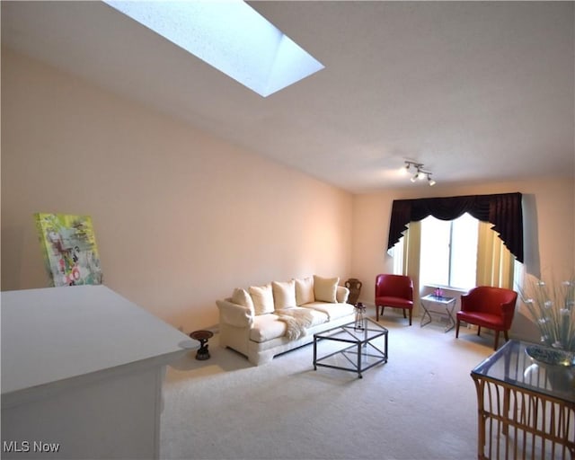 carpeted living room featuring a skylight