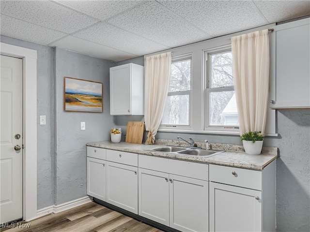 kitchen featuring light wood finished floors, a drop ceiling, light countertops, and a sink