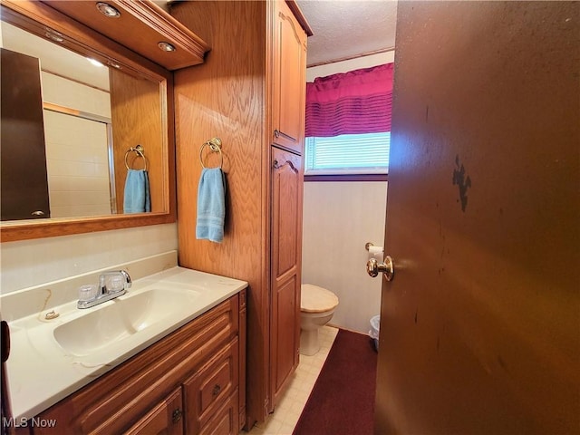 bathroom with a shower, vanity, a textured ceiling, and toilet