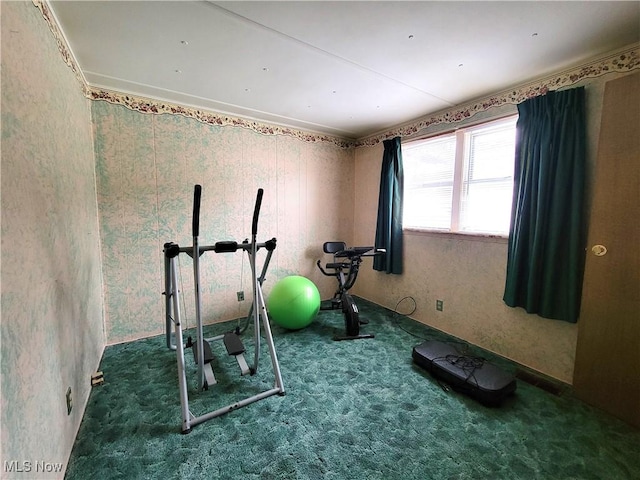 workout area featuring dark colored carpet