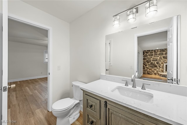 bathroom with vanity, toilet, and wood-type flooring