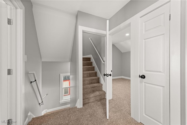 staircase featuring carpet and lofted ceiling