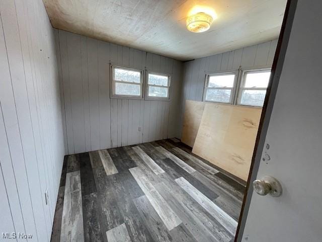 empty room featuring plenty of natural light, wood walls, and dark hardwood / wood-style flooring