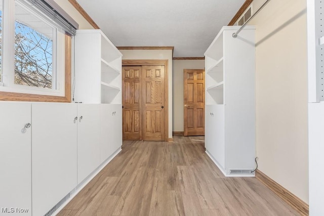 interior space featuring light hardwood / wood-style flooring and crown molding