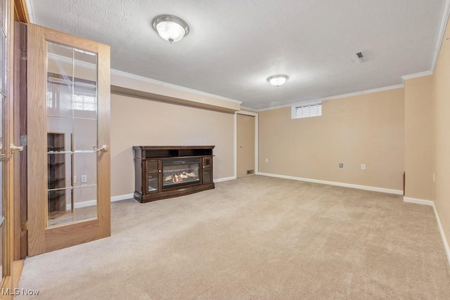 unfurnished living room with carpet and ornamental molding